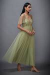 RI.Ritu Kumar_Green Mono Net V Neck Floral Embroidered Flared Dress _Online_at_Aza_Fashions