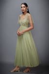 Buy_RI.Ritu Kumar_Green Mono Net V Neck Floral Embroidered Flared Dress _Online_at_Aza_Fashions