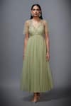 Shop_RI.Ritu Kumar_Green Mono Net V Neck Floral Embroidered Flared Dress _Online_at_Aza_Fashions