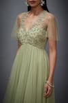 RI.Ritu Kumar_Green Mono Net V Neck Floral Embroidered Flared Dress _at_Aza_Fashions