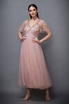 Buy_RI.Ritu Kumar_Pink Mono Net V Neck Floral Embroidered Flared Dress_at_Aza_Fashions
