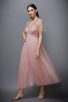 Buy_RI.Ritu Kumar_Pink Mono Net V Neck Floral Embroidered Flared Dress_Online_at_Aza_Fashions