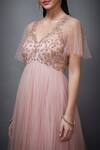 Shop_RI.Ritu Kumar_Pink Mono Net V Neck Floral Embroidered Flared Dress_Online_at_Aza_Fashions