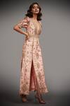 RI.Ritu Kumar_Peach Polyester Embroidered Slit Gown_Online_at_Aza_Fashions