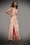 RI.Ritu Kumar_Peach Polyester Embroidered Slit Dress_Online_at_Aza_Fashions