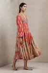 Ritu Kumar_Pink Rayon V Neck Floral Print Flared Dress _Online_at_Aza_Fashions