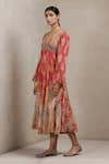 Buy_Ritu Kumar_Pink Rayon V Neck Floral Print Flared Dress _Online_at_Aza_Fashions