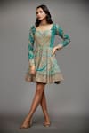 Buy_RI.Ritu Kumar_Green Viscose Embroidery Square Neck Flared Short Dress _Online_at_Aza_Fashions