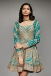 Shop_RI.Ritu Kumar_Green Viscose Embroidery Square Neck Flared Short Dress _Online_at_Aza_Fashions