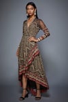 Buy_RI.Ritu Kumar_Beige Viscose Moss Crepe V Neck Printed Asymmetric Dress _Online_at_Aza_Fashions
