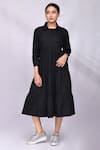 Buy_Samyukta Singhania_Black Slub Cotton Embroidery Shirt Collar Pleated Dress _at_Aza_Fashions