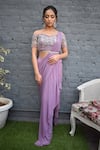 Buy_PARUL GANDHI_Purple Net Embroidery Sweetheart Neck Pre-draped Saree Set _at_Aza_Fashions