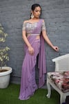 Shop_PARUL GANDHI_Purple Net Embroidery Sweetheart Neck Pre-draped Saree Set _at_Aza_Fashions