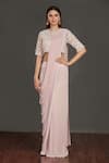Buy_Onaya_Pink Lycra And Satin Embroidery Moti Round Pre-draped Saree With Blouse _at_Aza_Fashions