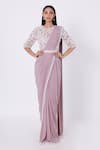 Buy_Onaya_Purple Lycra And Satin Embroidery Moti Round Pre-draped Saree With Blouse _at_Aza_Fashions