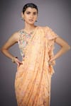 RI.Ritu Kumar_Peach Saree  Blouse 50% 50%polyster Pre-draped Ruffle With _at_Aza_Fashions