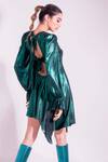 Buy_Sonam Parmar Jhawar_Emerald Green Metallic Foil Lycra Round Bree Short Dress  _Online_at_Aza_Fashions