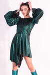 Buy_Sonam Parmar Jhawar_Emerald Green Metallic Foil Lycra Round Bree Short Dress  _at_Aza_Fashions