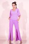 Buy_Sonam Parmar Jhawar_Purple Textured Jersey V Neck Grace Corset Top And Flared Pant Set _at_Aza_Fashions