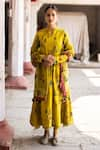 Archana Jaju_Yellow Silk Embroidery Mandarin Collar Printed Kurta Set _Online_at_Aza_Fashions