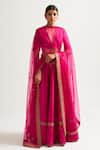 Nishar Ahmed_Fuchsia Silk Embroidery V Neck Bridal Lehenga Set _Online_at_Aza_Fashions