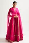 Buy_Nishar Ahmed_Fuchsia Silk Embroidery V Neck Bridal Lehenga Set _Online_at_Aza_Fashions