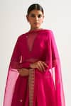 Nishar Ahmed_Fuchsia Silk Embroidery V Neck Bridal Lehenga Set _at_Aza_Fashions