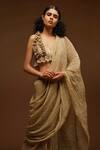 Buy_Aditya Sikand_Beige 30% Silk Handwoven, 70% Organic Cotton V Neck Crinkled Saree With Blouse_Online_at_Aza_Fashions