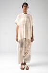 Shop_Urvashi Kaur_Off White Linen, Cotton Mandarin Collar Checkered Panel Asymmetric Tunic _at_Aza_Fashions