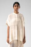 Buy_Urvashi Kaur_Off White Linen, Cotton Mandarin Collar Checkered Panel Asymmetric Tunic _at_Aza_Fashions