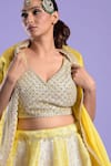 Buy_Two Sisters By Gyans_Yellow Embroidered Mirror V Neck Banarasi Lehenga Set _Online_at_Aza_Fashions