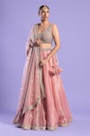 Buy_Two Sisters By Gyans_Pink Lehenga Organza Embroidered Cutdana And Zari Work V Neck Set _at_Aza_Fashions