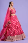 Buy_Two Sisters By Gyans_Fuchsia Banarasi Embroidered Zari Work V Neck Lehenga Set _at_Aza_Fashions