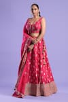 Shop_Two Sisters By Gyans_Fuchsia Banarasi Embroidered Zari Work V Neck Lehenga Set _at_Aza_Fashions