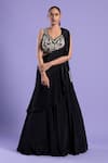 Buy_Two Sisters By Gyans_Black Crepe Embroidered Resham V Neck Blouse And Lehenga Saree Set _at_Aza_Fashions