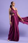 Two Sisters By Gyans_Purple Blouse Crepe , Saree Satin Embroidered And Pre-draped Set _Online_at_Aza_Fashions