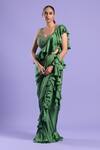 Buy_Two Sisters By Gyans_Green Blouse Crepe , Saree Satin Embroidered And Pre-draped Set _at_Aza_Fashions