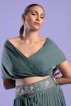 Buy_Two Sisters By Gyans_Green Blouse Lycra, Lehenga Satin Cutdana And Sequin Work Pleated & Top Set _Online_at_Aza_Fashions