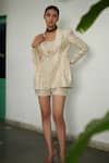 Buy_GG by Asha Gautam_Gold Brocade Hand Woven Floral Pattern Notched Jacket With Romper  _at_Aza_Fashions