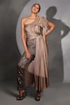 Buy_Jyoti Sachdev Iyer_Grey Velvet, Cotton Sequins, Feathers One Shoulder Asymmetric Top And Pant Set _at_Aza_Fashions