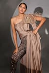 Buy_Jyoti Sachdev Iyer_Grey Velvet, Cotton Sequins, Feathers One Shoulder Asymmetric Top And Pant Set _Online_at_Aza_Fashions