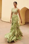 Buy_Paulmi and Harsh_Green Georgette And Organza Print & Embroidery Naksha Pre-draped Saree With Blouse _at_Aza_Fashions