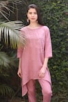 Buy_Linen Bloom_Pink 100% Linen Round Embroidered Tunic _at_Aza_Fashions