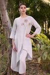 Buy_Linen Bloom_Grey 100% Linen Round Hand Embroidered Asymmetric Kurta _at_Aza_Fashions