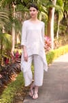 Shop_Linen Bloom_Grey 100% Linen Round Embroidered High-low Kurta _Online_at_Aza_Fashions