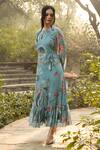 Shop_Divi By Sonal Khandelwal_Sky Blue Georgette Round Neck Nelumbo Printed Frill Hem Dress _Online_at_Aza_Fashions