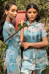 Shop_Divi by sonal khandelwal_Sky Blue Bamberg Georgette (viscose) Print Lotus Nelumbo Short Top And Pant Set _Online_at_Aza_Fashions