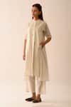 Shop JAYATI GOENKA White Handwoven Cotton Stripe Mandarin Collar Dress Online at Aza Fashions Shop_JAYATI GOENKA_White Handwoven Cotton Stripe Mandarin Collar Dress _Online_at_Aza_Fashions