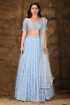 Buy_Aariyana Couture_Blue Georgette Leaf Neck Pleated Lehenga Set _at_Aza_Fashions