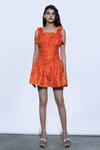 Buy_Shriya Som_Orange Silk Square Neck Pleated Peplum Dress_Online_at_Aza_Fashions